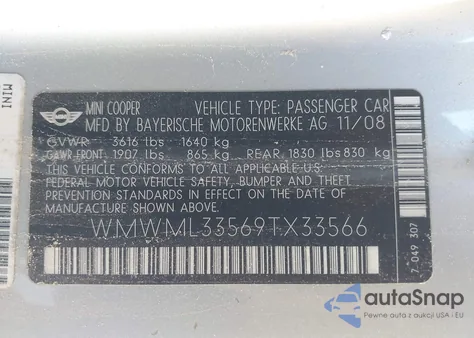 2009 Mini Cooper Clubman z USA, uszkodzony, nr VIN WMWML33569TX33566